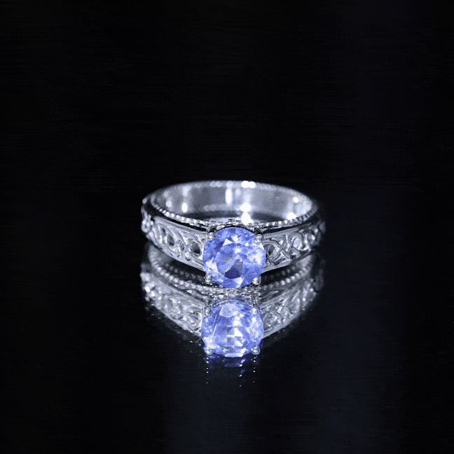 Lab-created 1.6 carat tanzanite engagement ring with intricate Celtic design by Rosec Jewels, showcasing a stunning gemstone setting.