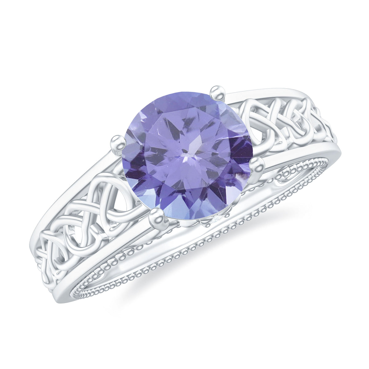 Rosec Jewels 1.6 Carat Lab Created Tanzanite engagement ring with Celtic-inspired design, featuring a stunning violet-blue gemstone.