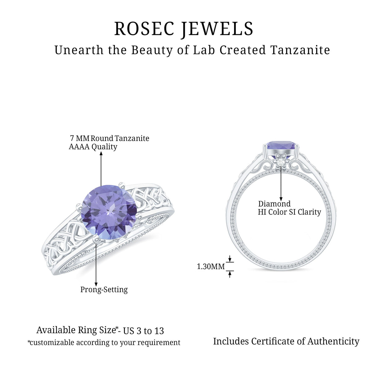 1.6 carat lab-created tanzanite engagement ring with Celtic design by Rosec Jewels, showcasing intricate metalwork and vibrant gemstone.