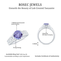 1.6 carat lab-created tanzanite engagement ring with Celtic design by Rosec Jewels, showcasing intricate metalwork and vibrant gemstone.