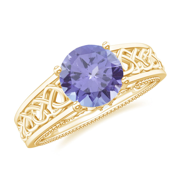 Lab-created tanzanite engagement ring with Celtic design, crafted by Rosec Jewels, showcasing a 1.6 carat gemstone and intricate band details.