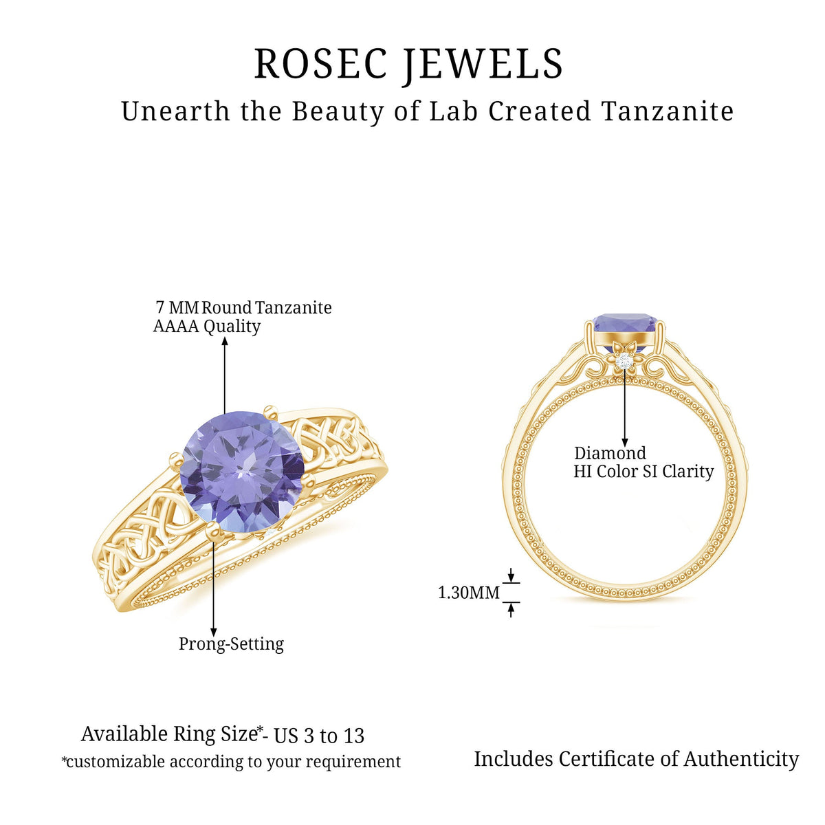 Rosec Jewels 1.6 carat lab-created tanzanite engagement ring with intricate Celtic design and sterling silver band.