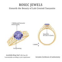 Rosec Jewels 1.6 carat lab-created tanzanite engagement ring with intricate Celtic design and sterling silver band.