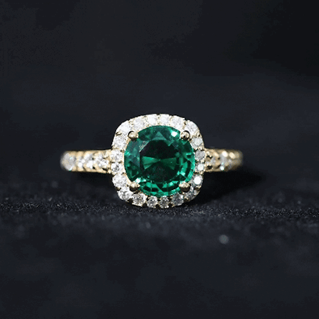 Vintage-style engagement ring with lab-grown emerald and diamond accents, crafted by Rosec Jewels.