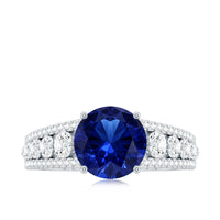 Solitaire Created Blue Sapphire Statement Engagement Ring with Moissanite