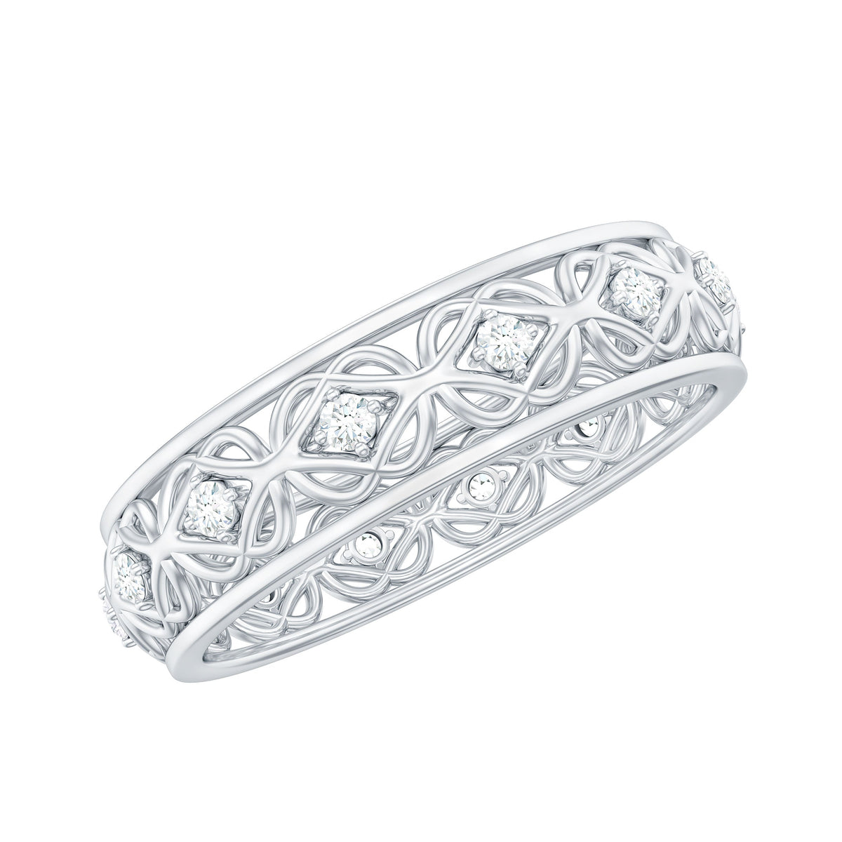 Moissanite Celtic Knot wedding band ring by Rosec Jewels featuring intricate knot design and sparkling gemstone accents.