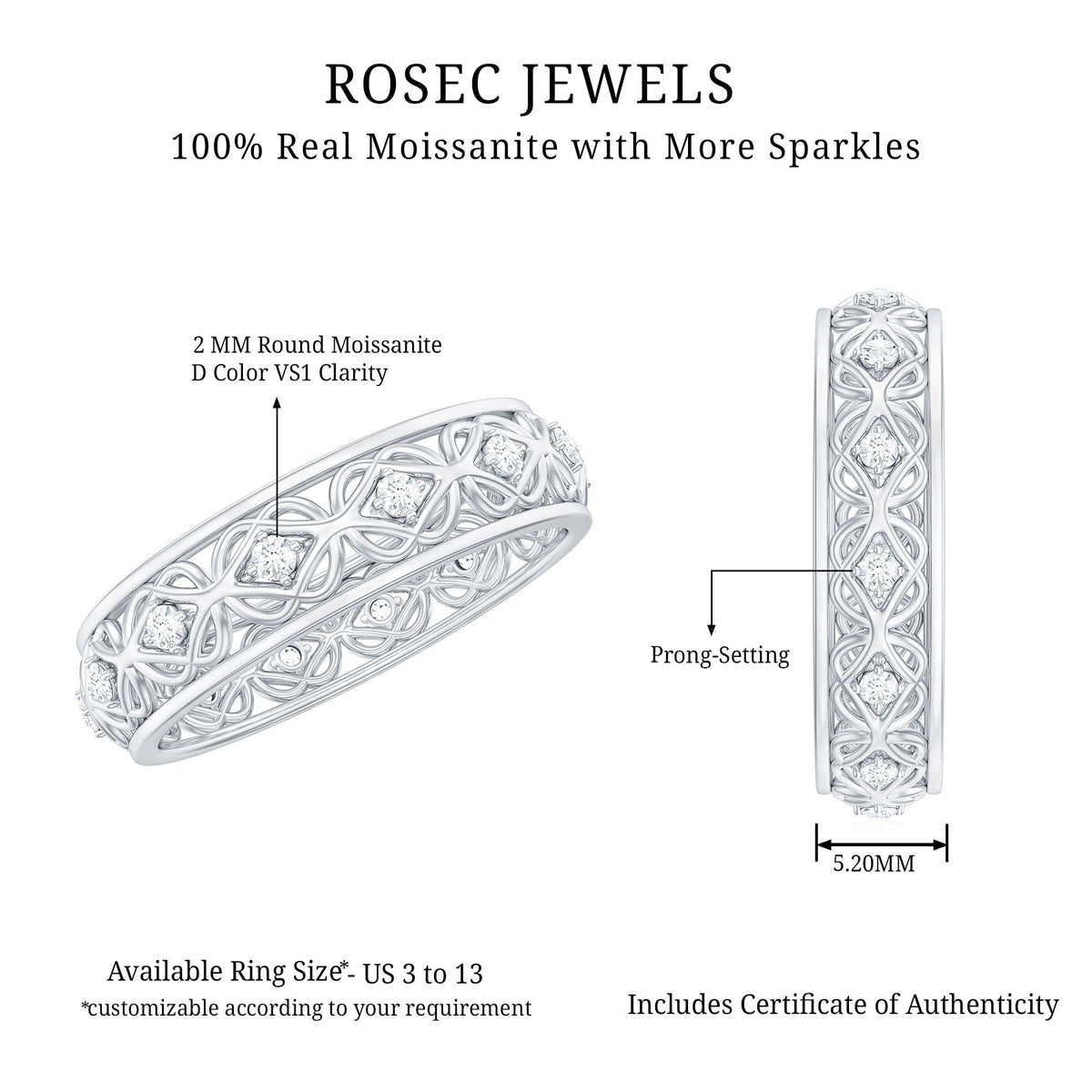 Moissanite Celtic Knot wedding band ring by Rosec Jewels featuring intricate knot design and sparkling moissanite stones.