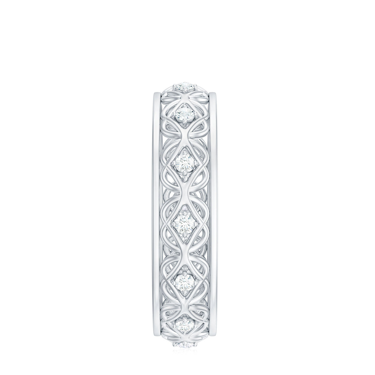 Moissanite Celtic Knot wedding band ring by Rosec Jewels featuring intricate knot design and sparkling gem accents.