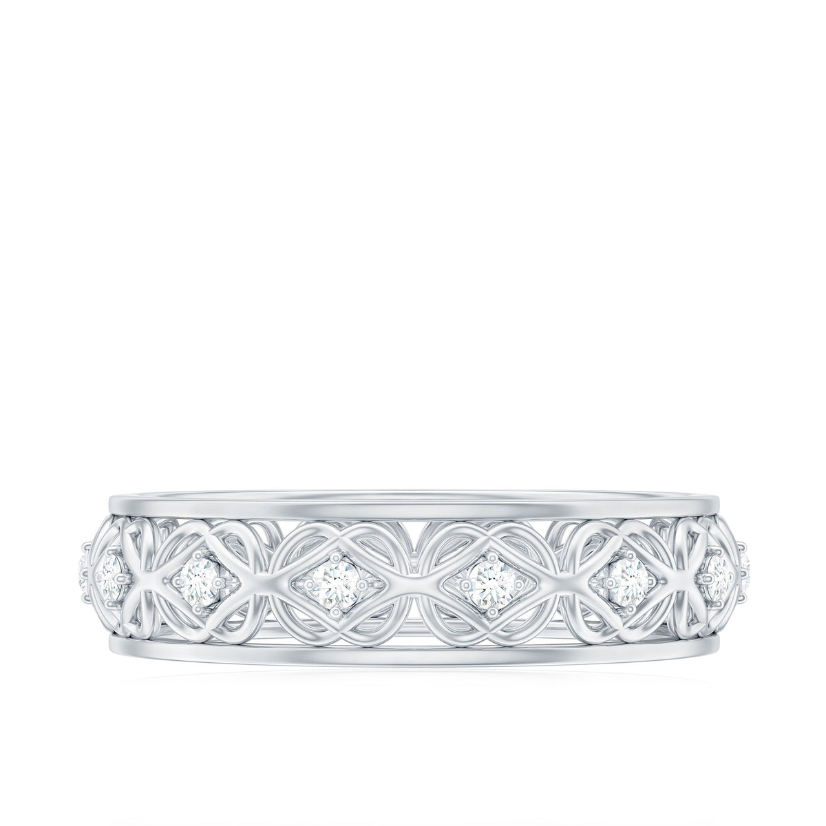 Moissanite Celtic knot wedding band ring by Rosec Jewels featuring intricate Celtic knot design and sparkling moissanite stones.