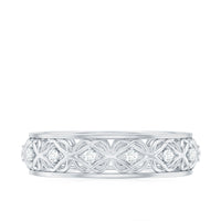 Moissanite Celtic knot wedding band ring by Rosec Jewels featuring intricate Celtic knot design and sparkling moissanite stones.