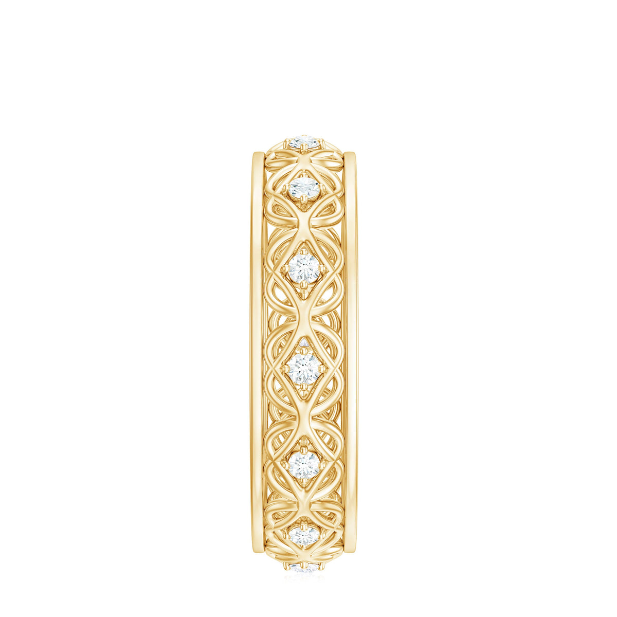Moissanite Celtic Knot wedding band ring by Rosec Jewels, featuring intricate knot design and sparkling gemstone accents.