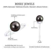 Round Tahitian pearl solitaire engagement ring with a sparkling moissanite center stone, set in a elegant Rosec Jewels ring.