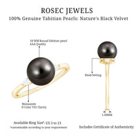 Round Tahitian pearl solitaire engagement ring with moissanite by Rosec Jewels, featuring a luminous black pearl and sparkling stone.