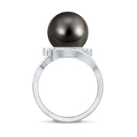 Tahitian Black Pearl Art Deco Engagement Ring with Diamond