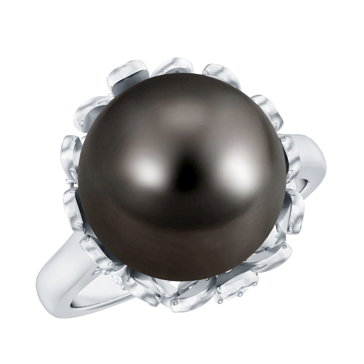 8 carat Tahitian black pearl solitaire engagement ring with floral setting by Rosec Jewels, showcasing a polished black pearl on a delicate band.
