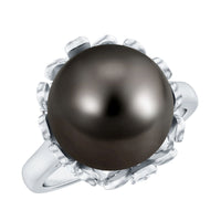 8 carat Tahitian black pearl solitaire engagement ring with floral setting by Rosec Jewels, showcasing a polished black pearl on a delicate band.