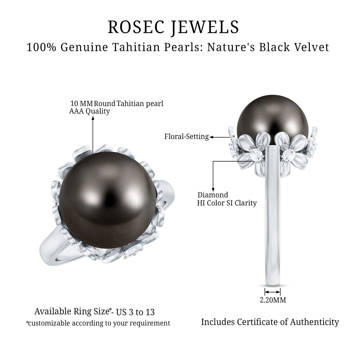 Elegant 8-carat Tahitian black pearl solitaire engagement ring with floral setting by Rosec Jewels, showcasing a stunning pearl and intricate design.