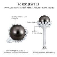 Elegant 8-carat Tahitian black pearl solitaire engagement ring with floral setting by Rosec Jewels, showcasing a stunning pearl and intricate design.