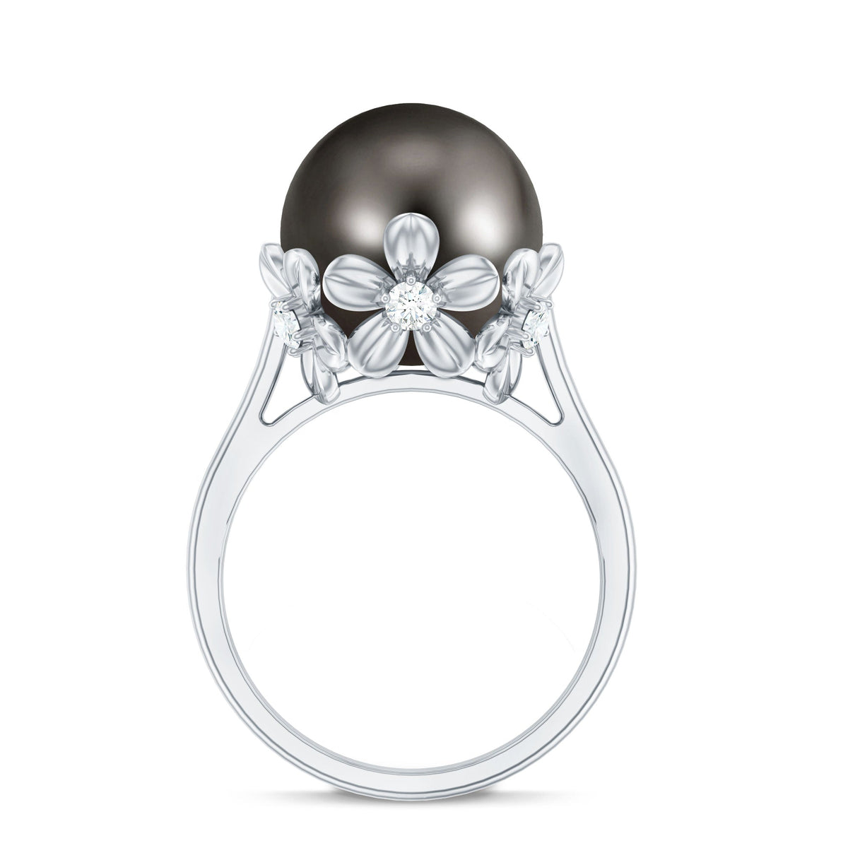 8 Carat Tahitian Black Pearl solitaire engagement ring with floral setting by Rosec Jewels, showcasing the elegant pearl and detailed design.