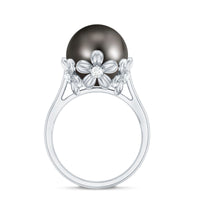 8 Carat Tahitian Black Pearl solitaire engagement ring with floral setting by Rosec Jewels, showcasing the elegant pearl and detailed design.