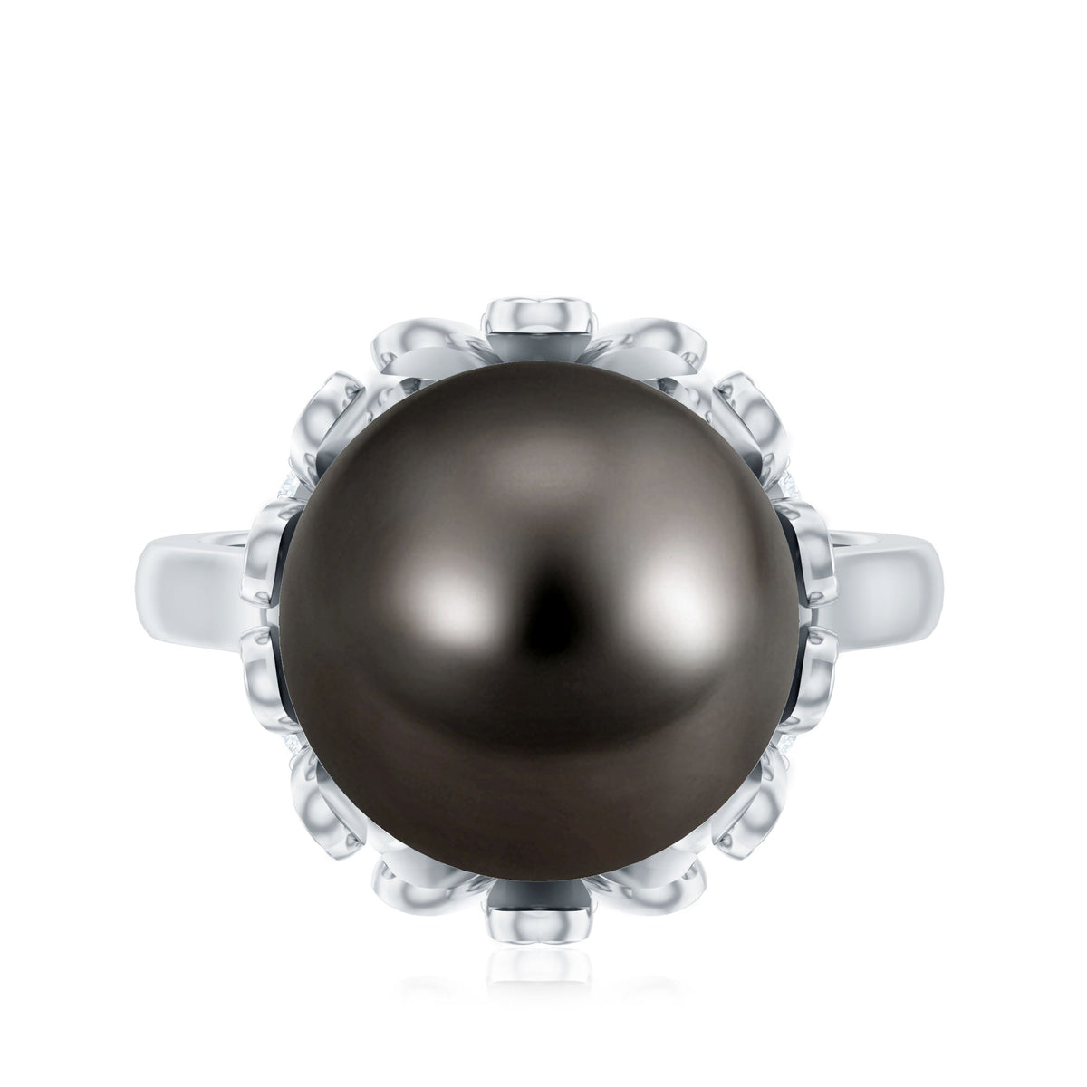 8 carat Tahitian black pearl engagement ring with floral setting by Rosec Jewels, showcasing a stunning solitaire pearl on a delicate band.