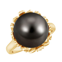 8 carat Tahitian black pearl solitaire engagement ring with floral setting, featuring Rosec Jewels' elegant ring design.