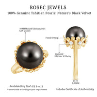 8 Carat Tahitian Black Pearl engagement ring by Rosec Jewels featuring a floral setting and a solitaire design in rings category.