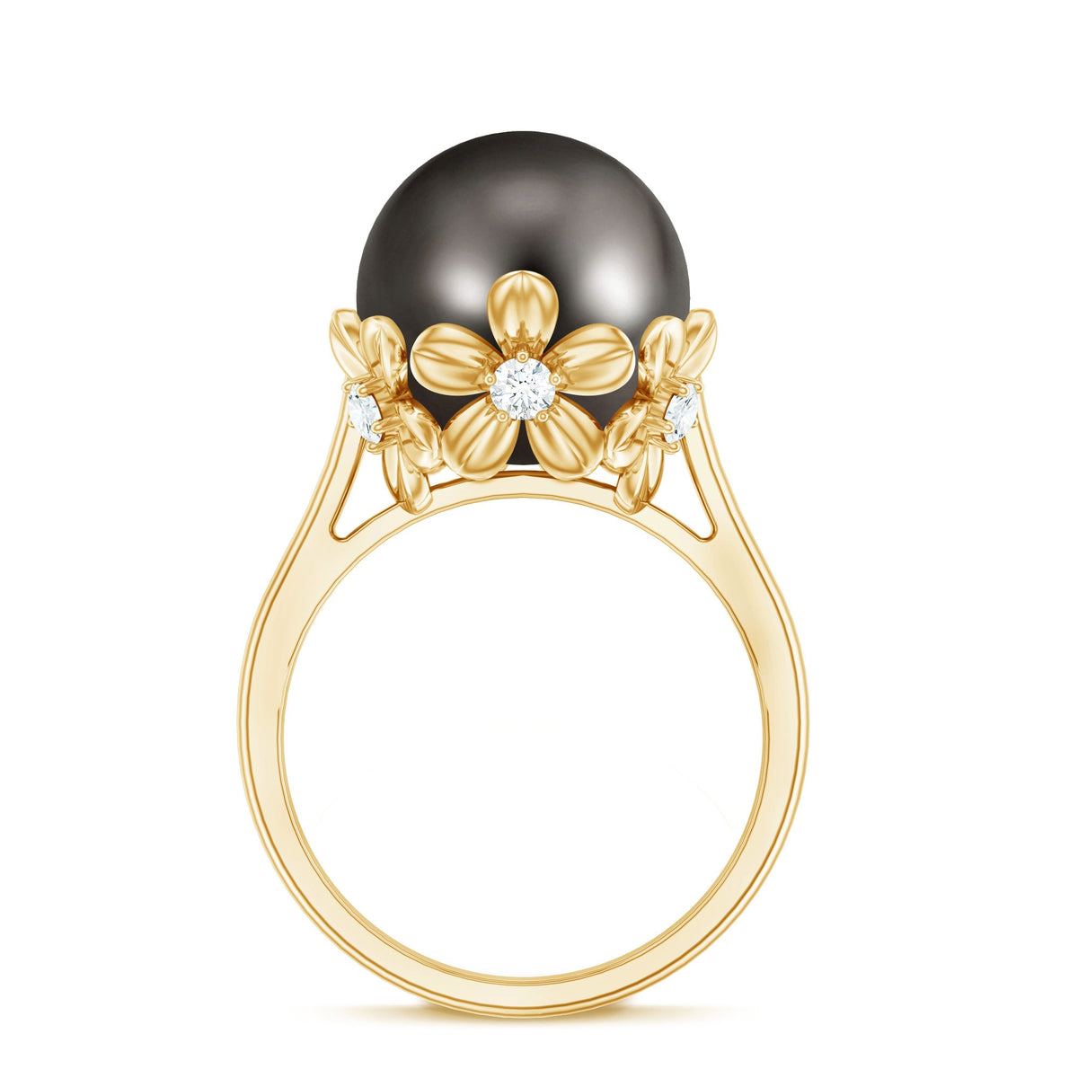 8 carat Tahitian black pearl solitaire engagement ring with floral setting by Rosec Jewels, showcasing the elegant ring design.