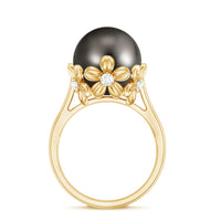 8 carat Tahitian black pearl solitaire engagement ring with floral setting by Rosec Jewels, showcasing the elegant ring design.