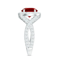 Lab Created Ruby Criss Cross Engagement Ring with Moissanite Halo