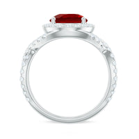 Lab Created Ruby Criss Cross Engagement Ring with Moissanite Halo