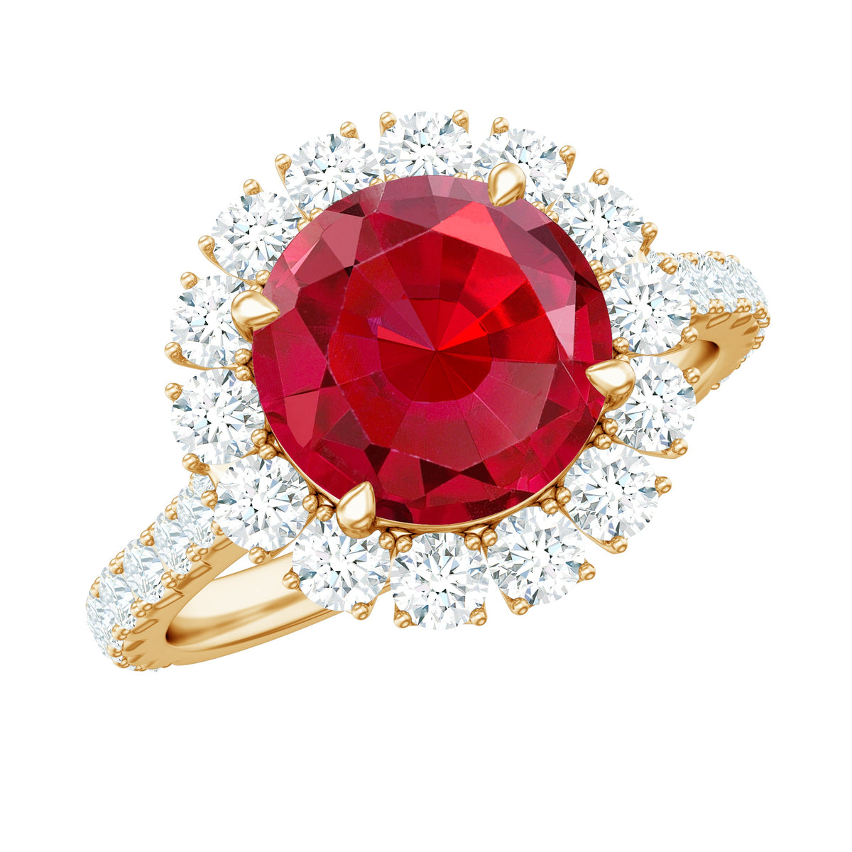 Round Lab Created Ruby and Moissanite Halo Engagement Ring