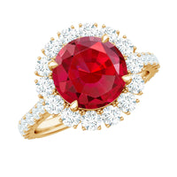 Round Lab Created Ruby and Moissanite Halo Engagement Ring