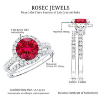 Lab Created Ruby Halo Wedding Ring Set with Moissanite