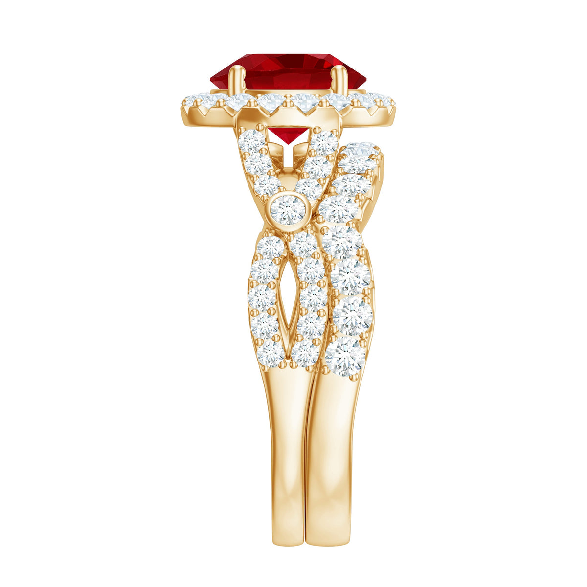 Round Cut Lab Created Ruby and Moissanite Bridal Ring Set