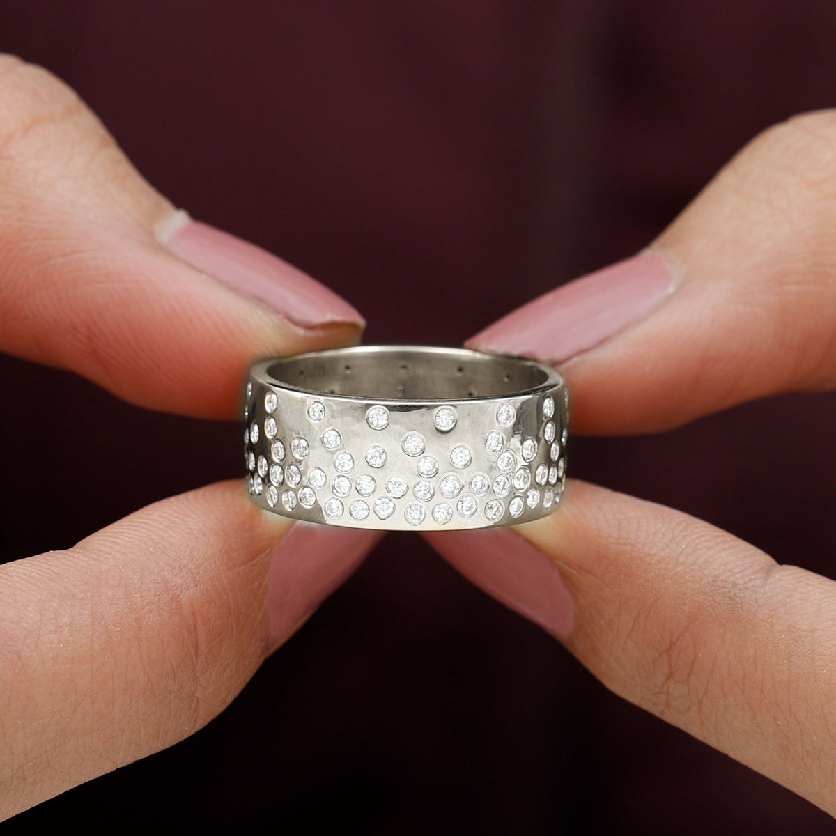 Certified Moissanite Wide Wedding Band in Flush Setting