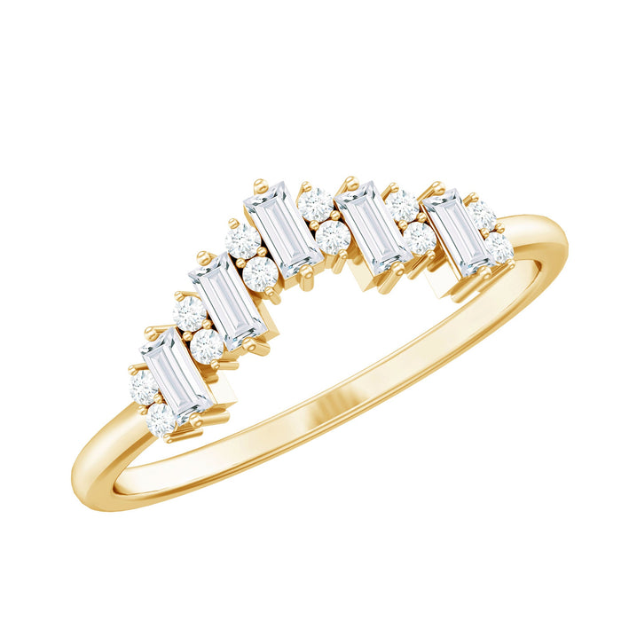 Rosec Jewels baguette and round cut moissanite chevron stackable ring featuring sparkling gemstones and a sleek, elegant design.