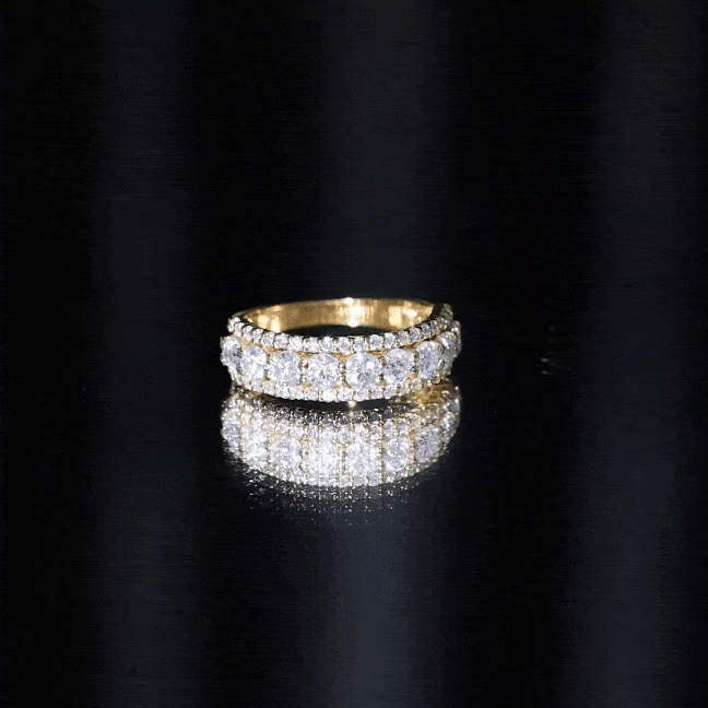 Round shape moissanite half eternity wedding band by Rosec Jewels, featuring sparkling moissanite stones set in a continuous circle.