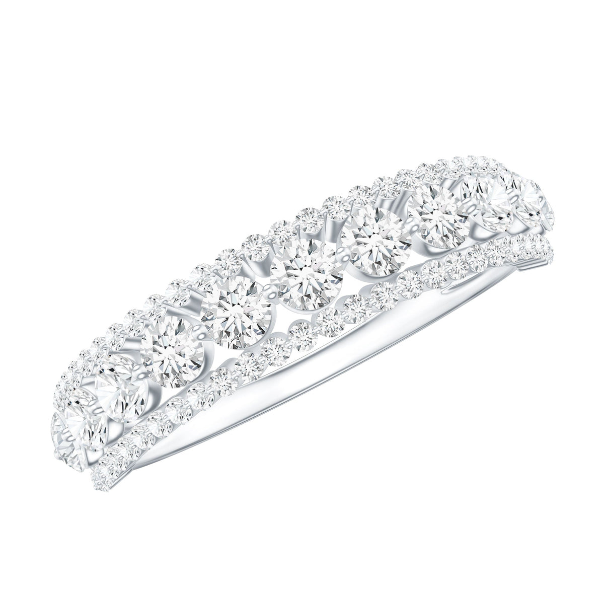Round shape moissanite half eternity wedding band by Rosec Jewels, showcasing sparkling stones set in a sleek, elegant ring design.