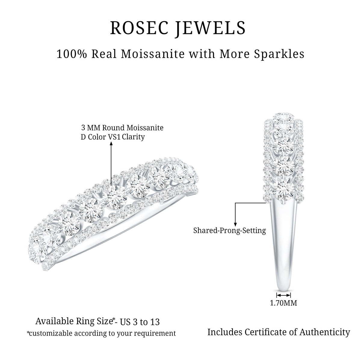 Round shape moissanite half eternity wedding band by Rosec Jewels, featuring sparkling moissanite stones on a sleek ring.