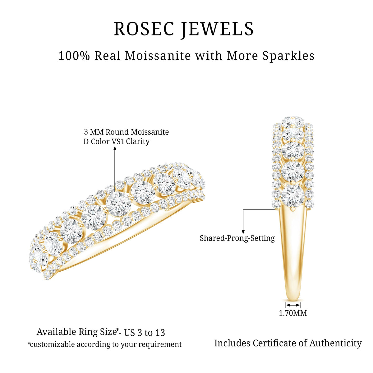 Round shape moissanite half eternity wedding band by Rosec Jewels, featuring sparkling moissanite stones on a sleek ring.