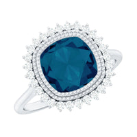 Cushion Cut Blue Topaz Statement Engagement Ring with Diamond Halo