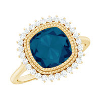 Cushion Cut Blue Topaz Statement Engagement Ring with Diamond Halo