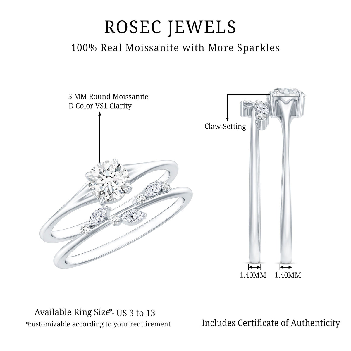 Certified Round Moissanite Modern Wedding Ring Set