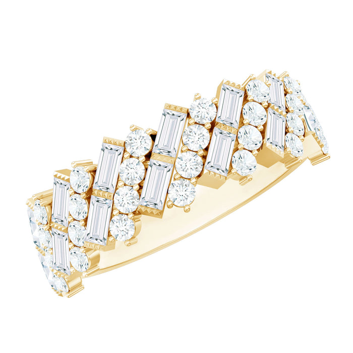 Rosec Jewels certified baguette and round moissanite half eternity wedding band showing alternating faceted stones and polished metal finish.
