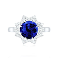 Certified 2.7 Carat Lab Grown Blue Sapphire Engagement Ring with Diamond Star Halo