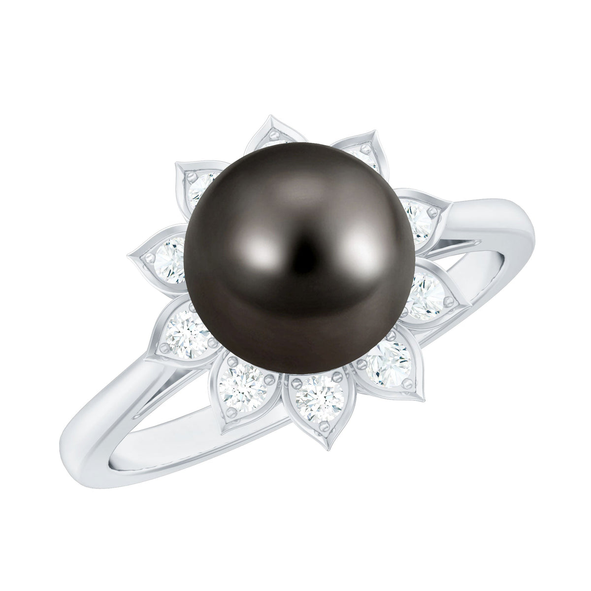 Tahitian black pearl engagement ring with diamond floral halo by Rosec Jewels, featuring a central black pearl surrounded by sparkling diamonds.