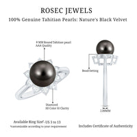 Tahitian black pearl engagement ring with diamond floral halo, featuring a rose gold band and intricate design.