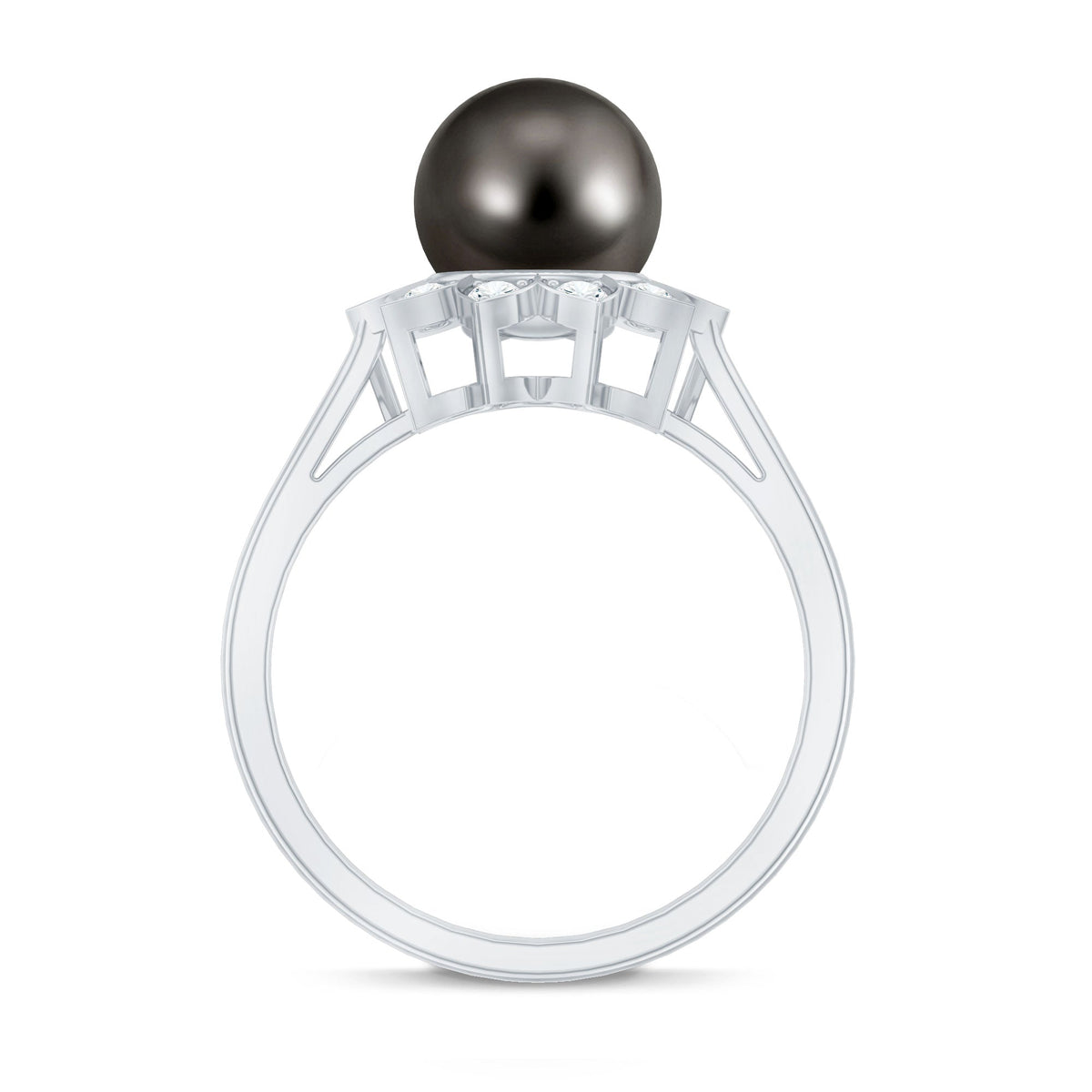 Tahitian black pearl engagement ring with diamond floral halo by Rosec Jewels, showcasing a black pearl center surrounded by sparkling diamonds.