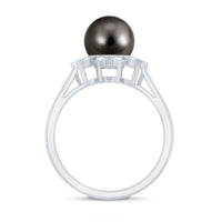 Tahitian black pearl engagement ring with diamond floral halo by Rosec Jewels, showcasing a black pearl center surrounded by sparkling diamonds.